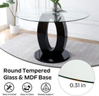 RGZ 47'' Modern Luxury Clear Glass Round Dining Table for 4-6, Glass Circle Top Kitchen Table with Elegant Silver Decorative Strips & Black Base, Circular Apartment Dinner Table for Home, Living Room