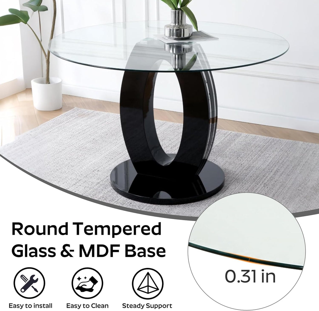 RGZ 39'' Modern Luxury Clear Glass Round Dining Table for 4-6, Glass Circle Top Kitchen Table with Elegant Silver Decorative Strips & Black Base, Small Apartment Dinner Table for Home, Living Room
