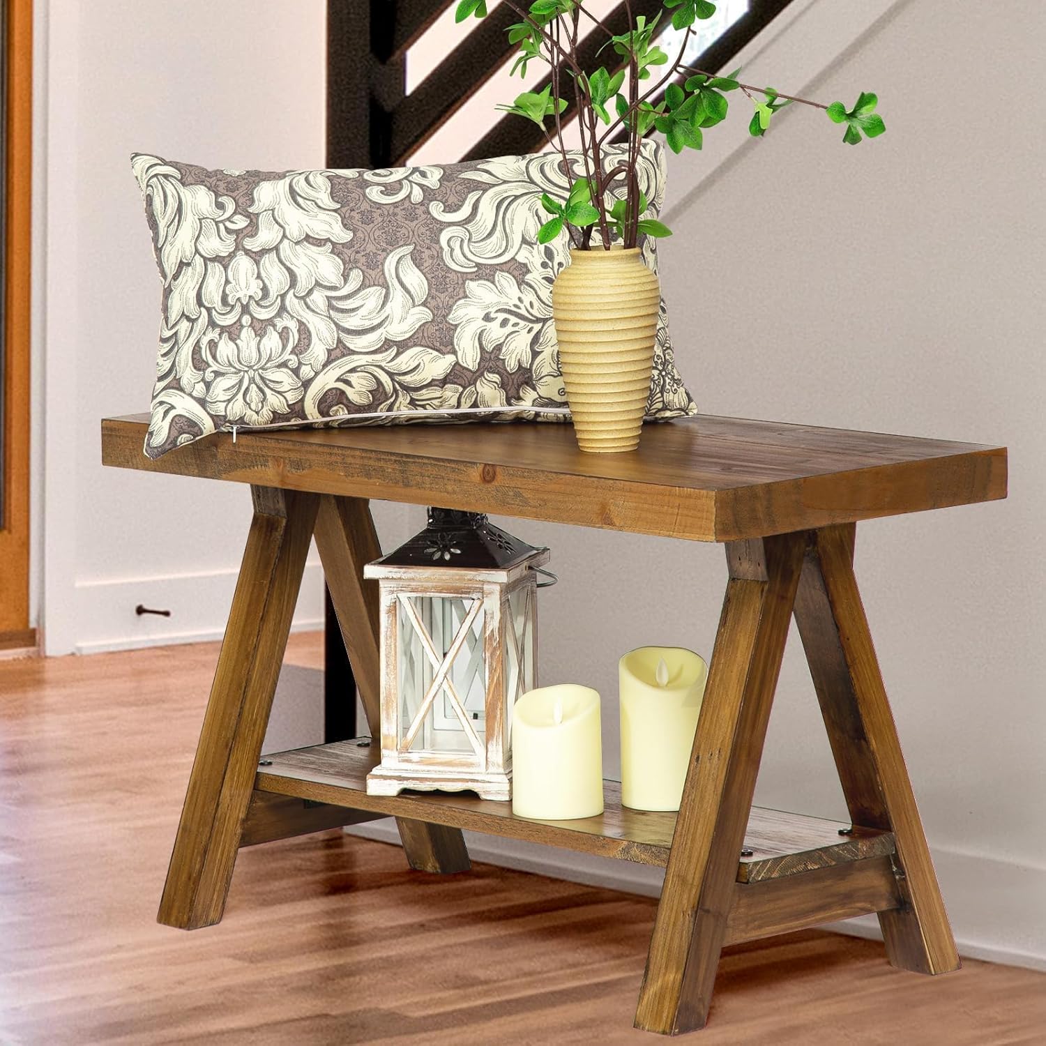Wnutrees Farmhouse Wood Bench, Rustic Indoor Storage Bench for Entryway, Living Room, End of Bed, Original Solid Wood Construction