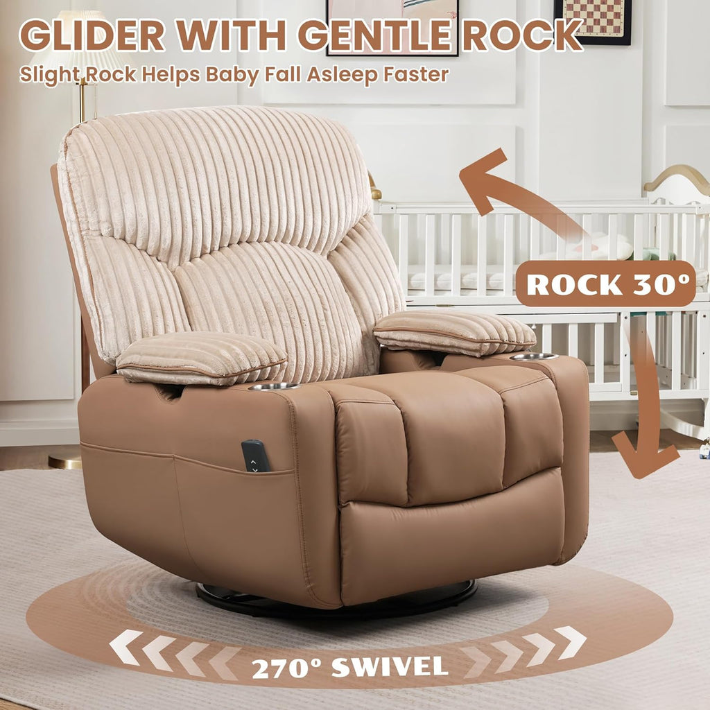 GRAINELL Rocking Chair Nursery, Electric Swivel Recliner Glider with Adjustable Armrests, Nursing Chair with USB Charger, Cup & Blanket Holders, Brown Corduroy & PU Leather