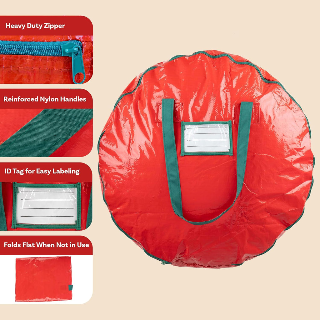 Wreath Storage Bag - 24-inch Organizer for Artificial Christmas Wreaths and Garland - Holiday Themed Tote with Green Handles by Tiny Tim Totes (Red)