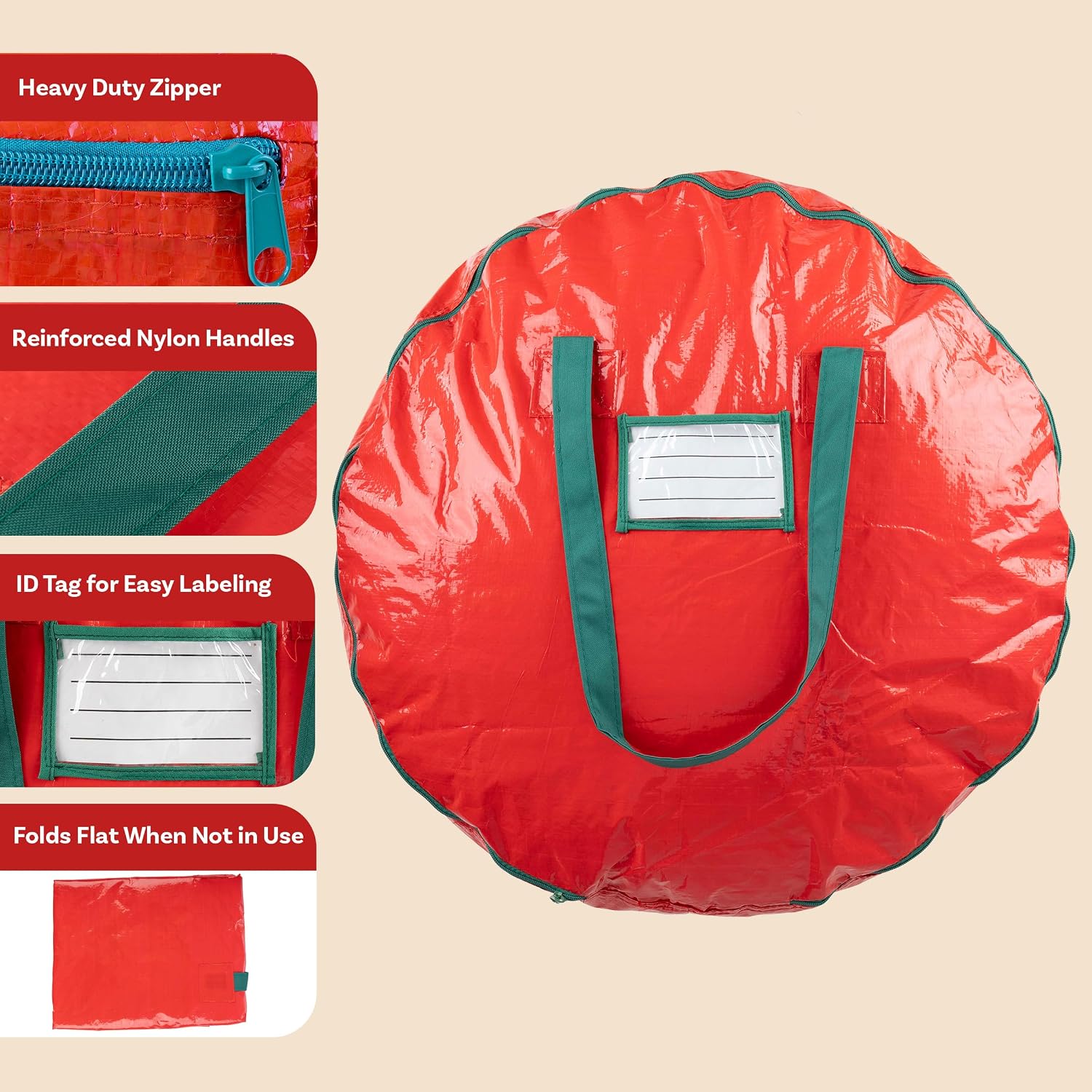Wreath Storage Bag - 24-inch Organizer for Artificial Christmas Wreaths and Garland - Holiday Themed Tote with Green Handles by Tiny Tim Totes (Red)