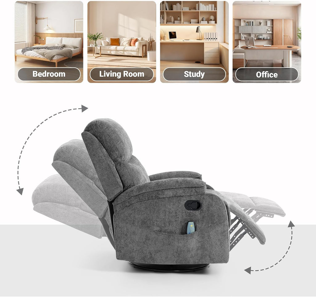 360° Swivel Rocking Recliner Chair, Massage Lazy Recliner, Small Spaces Recliner for Living Room, Bedroom and Nursery, Dark Gray Chenille