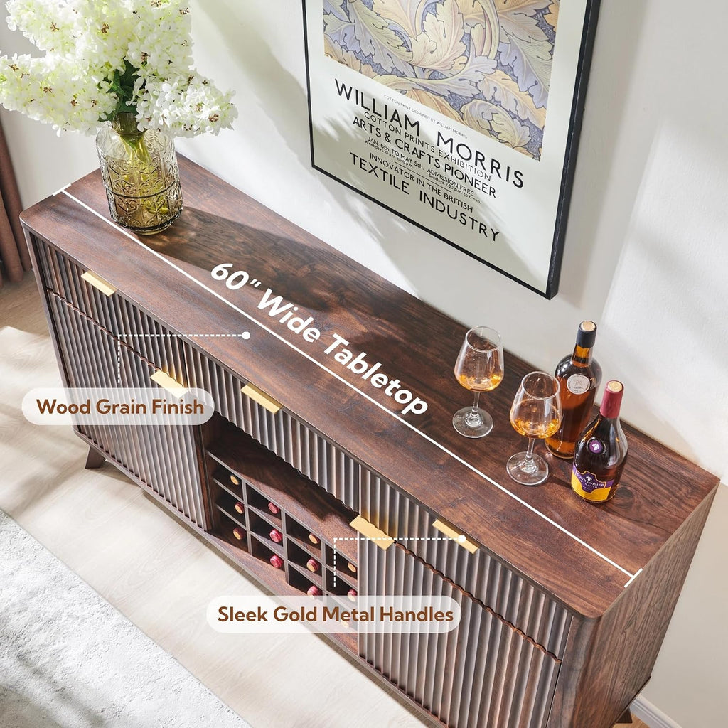 OKD Fluted Wine Bar Cabinet, 60" Wide Modern Buffet Sideboard with Ample Storage - 2 Side Cabinets, 3 Drawers, 4 Glass Holders & 12 Wine Racks, Coffee Bar Cabinet for Kitchen, Dining Room, Dark Walnut