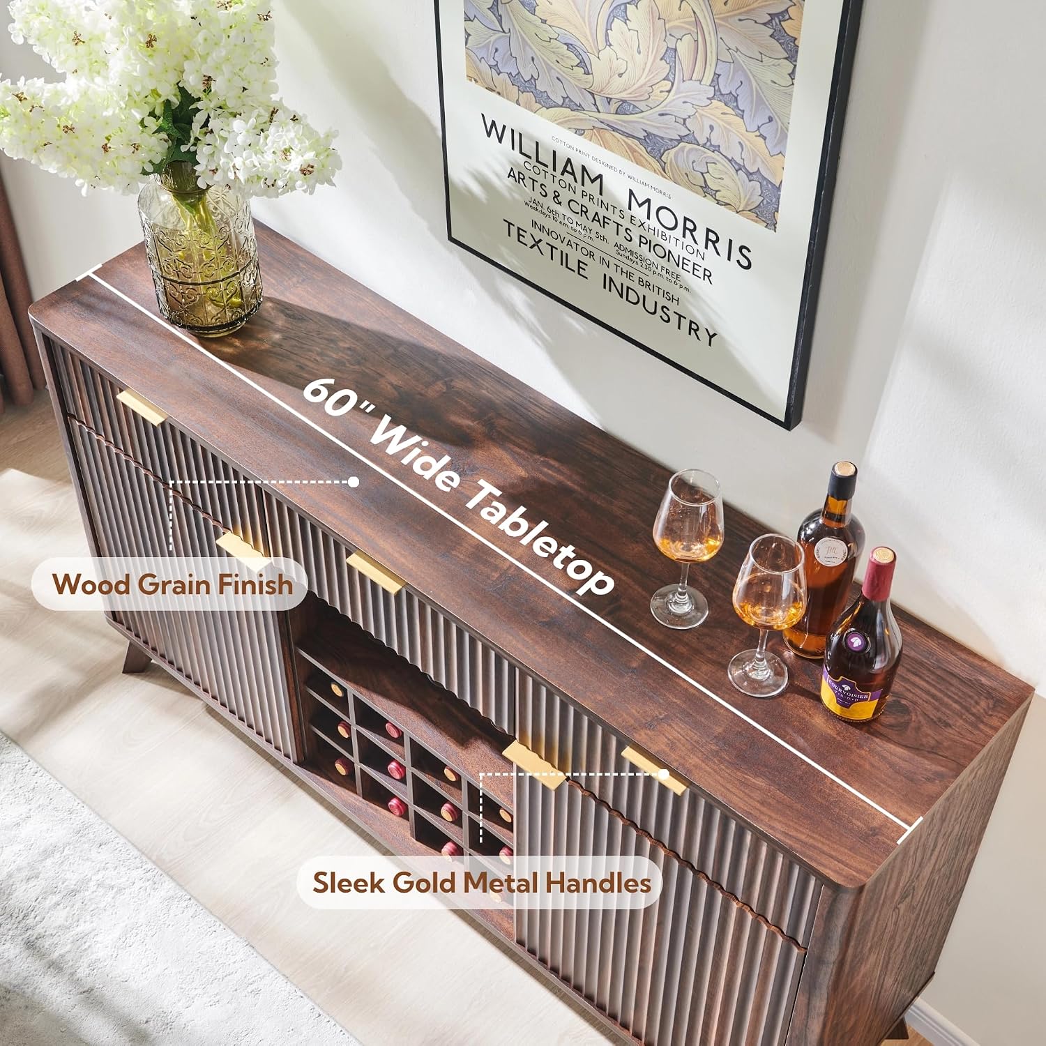 OKD Fluted Wine Bar Cabinet, 60" Wide Modern Buffet Sideboard with Ample Storage - 2 Side Cabinets, 3 Drawers, 4 Glass Holders & 12 Wine Racks, Coffee Bar Cabinet for Kitchen, Dining Room, Dark Walnut