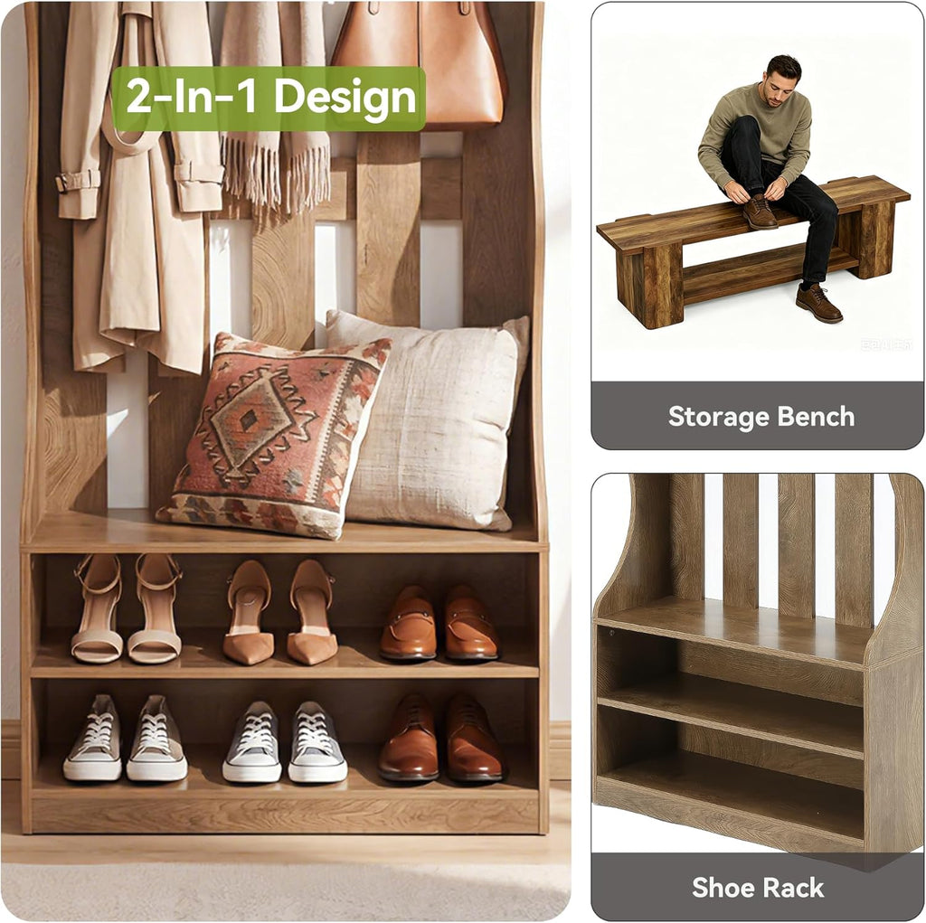 LITTLE TREE 3-In-1 Coat Rack with Shoe Bench, 70.9" Tall Hall Tree with 7 Hooks, Farmhouse Entryway Coat Rack with 2 Tier Shoe Storage for Entryway, Living Room, Bedroom, Brown