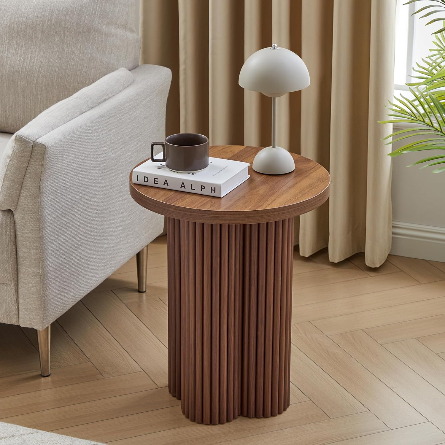 Round Fluted End Table, 17.7'' Mid Century Modern Side Table, Circle Bedside Tables Drink Table Wood Nightstand for Small Spaces, Living Room (Walnut-1PCS)