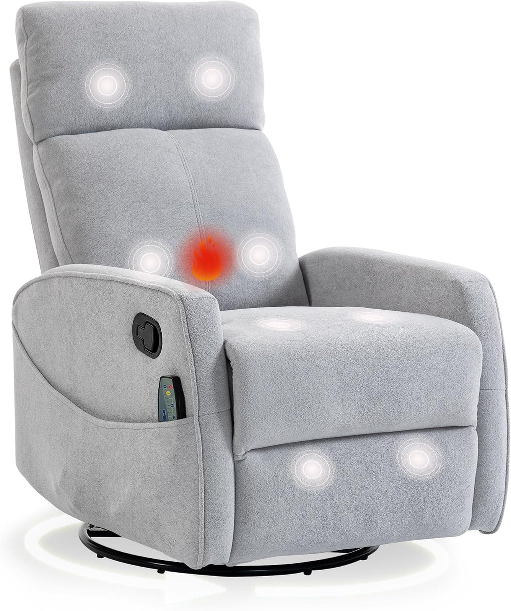 Heated Massage Swivel Rocker Recliner Chair for Nursery - Small Space Reclining Chair with Lumbar Support, 360° Swivel & Gentle Rocking, Ergonomic High Back Short Plush Light Grey