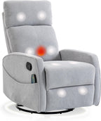 Heated Massage Swivel Rocker Recliner Chair for Nursery - Small Space Reclining Chair with Lumbar Support, 360° Swivel & Gentle Rocking, Ergonomic High Back Short Plush Light Grey