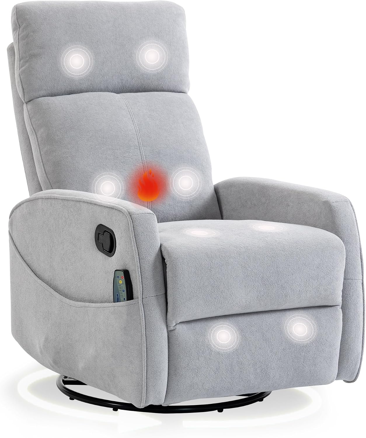 Heated Massage Swivel Rocker Recliner Chair for Nursery - Small Space Reclining Chair with Lumbar Support, 360° Swivel & Gentle Rocking, Ergonomic High Back Short Plush Light Grey