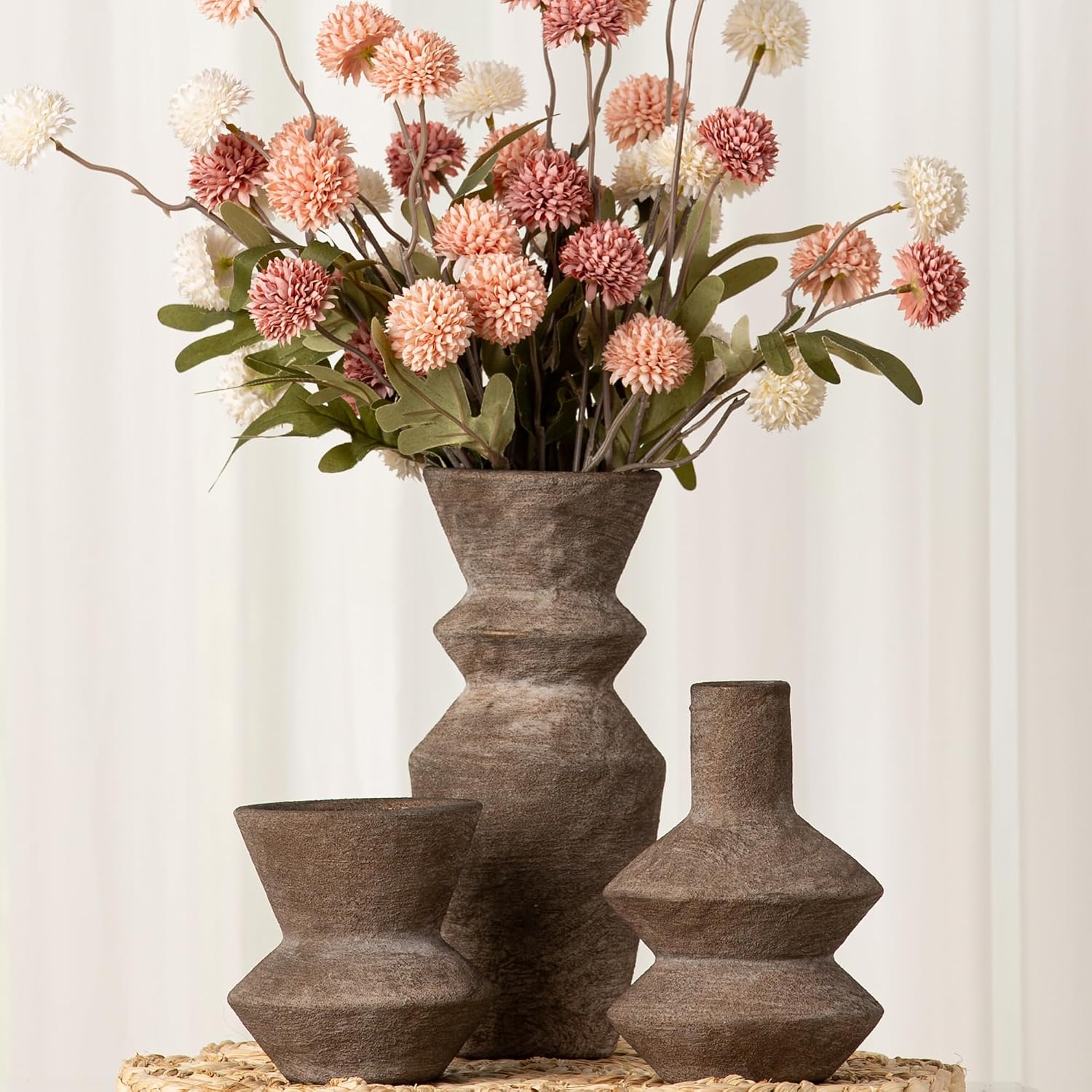 Ceramic Vase Home Table Decor - Brown Flower Vase Set of 3 Living Room Kitchen Decorations Farmhouse Modern Rustic Vases Decorative Centerpiece for Shelf Bedroom Office Bathroom Dining Coffee Desk