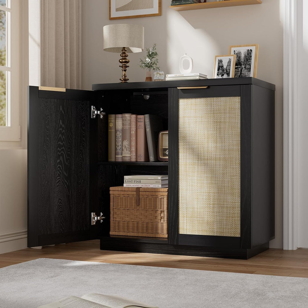HOMMPA 31.5'' Sideboard Buffet Cabinet with Storage Boho Kitchen Buffet Cabinet with 2 Doors and Adjustable Shelves, Rattan Wood Coffee Bar Cabinets/Table for Living Room, Hallway & Kitchen Black