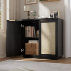 HOMMPA 31.5'' Sideboard Buffet Cabinet with Storage Boho Kitchen Buffet Cabinet with 2 Doors and Adjustable Shelves, Rattan Wood Coffee Bar Cabinets/Table for Living Room, Hallway & Kitchen Black