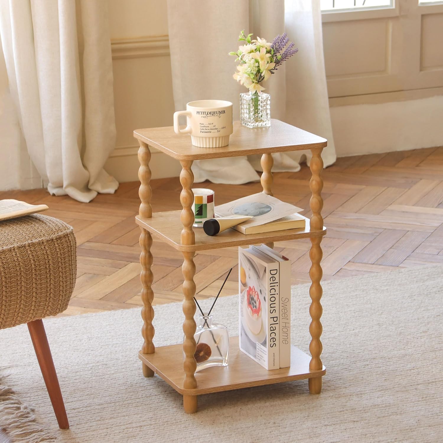 Fultyle End Table, Modern Side Table with 3 Tier Open Shelf, Small Table Bed Side Tables Bedroom for Small Spaces, Living Room and Office (Rustic Walnut)