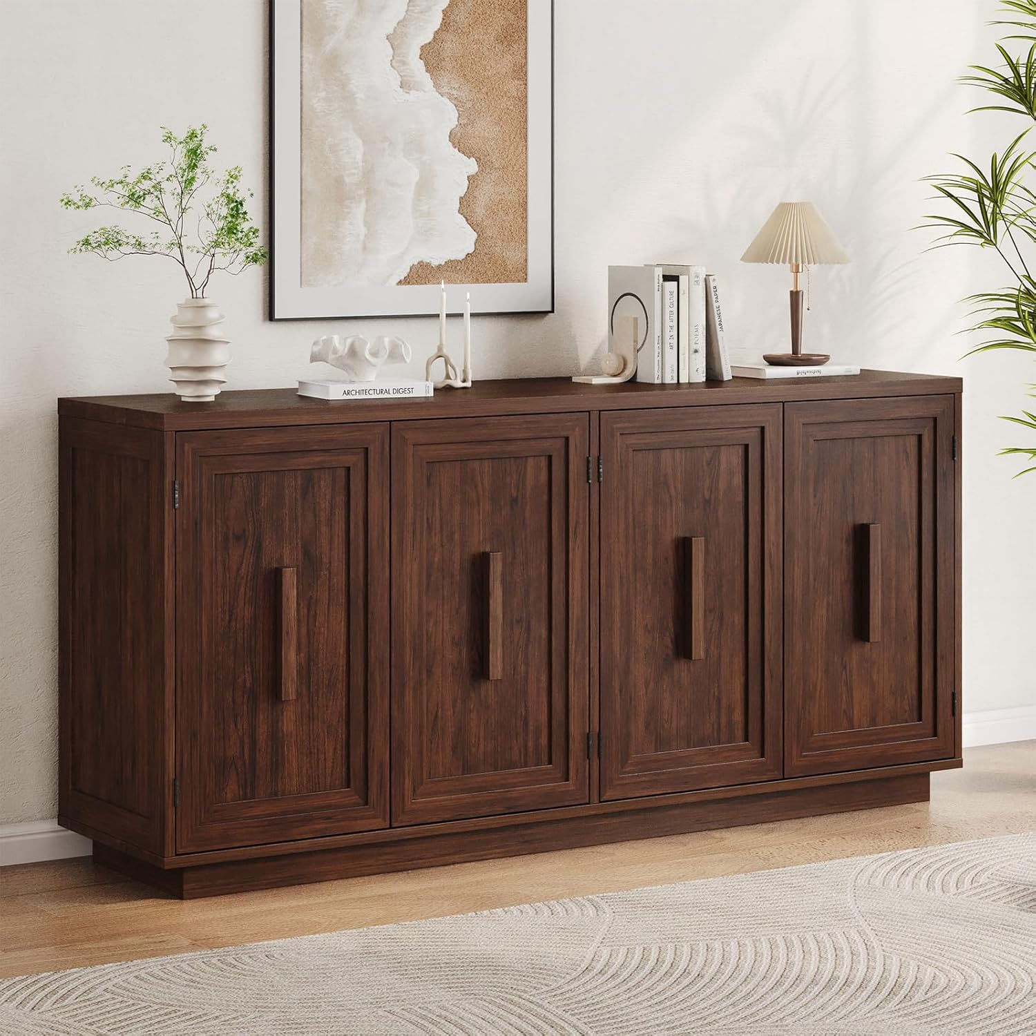 ONBRILL 63 Inch Sideboard Buffet Cabinet with Storage, Large Coffee Bar Cabinet with 4 Doors, Adjustable Shelves, Credenza Storage Cabinets for Kitchen, Living Room, Entryway, Dark Walnut