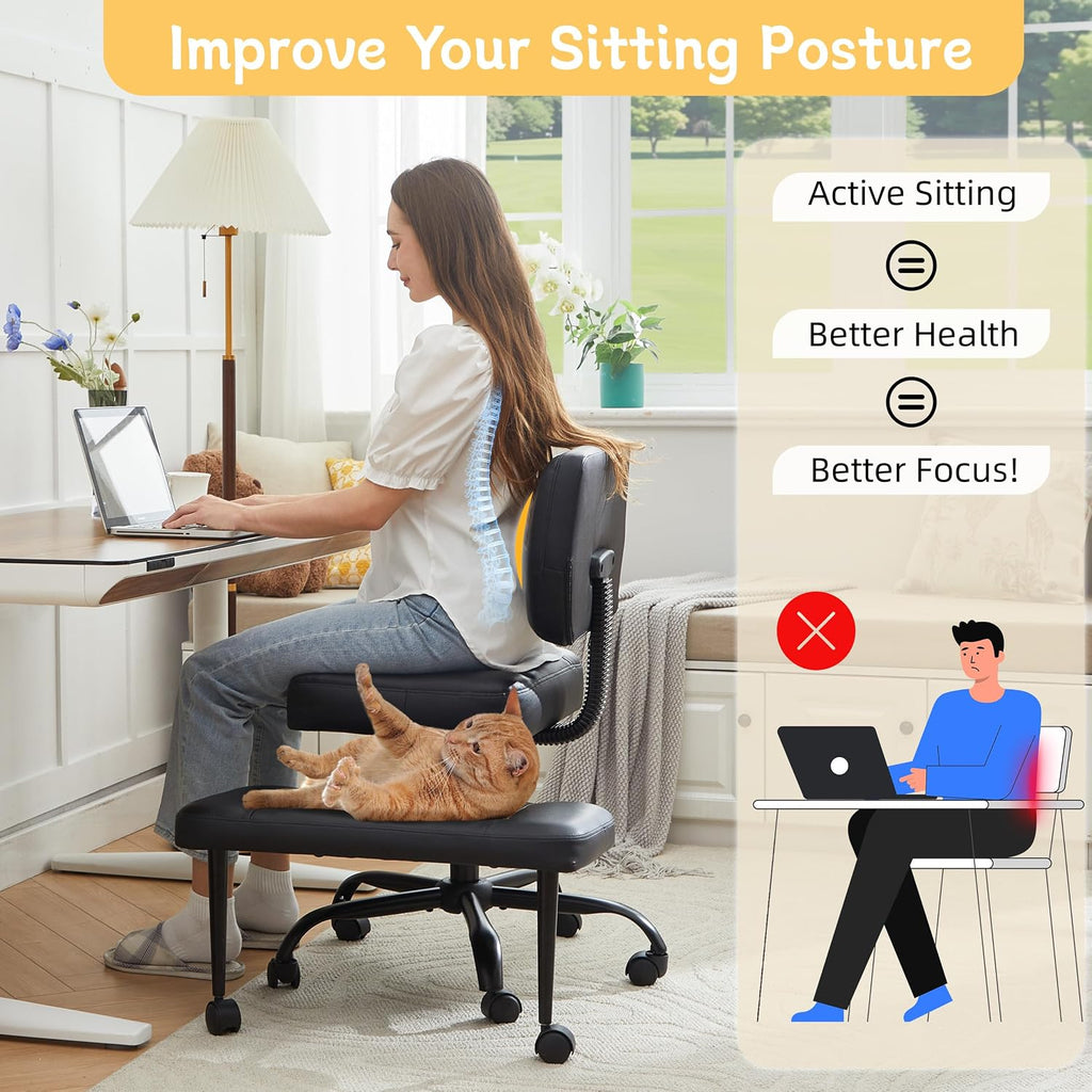 Cross Legged Office Chair with Wheels, Criss Cross Chair with Wider Thicken Seat, ADHD Meditation Chair with Adjustable Footstool for Adults, Yoga Office Chair, PU Black