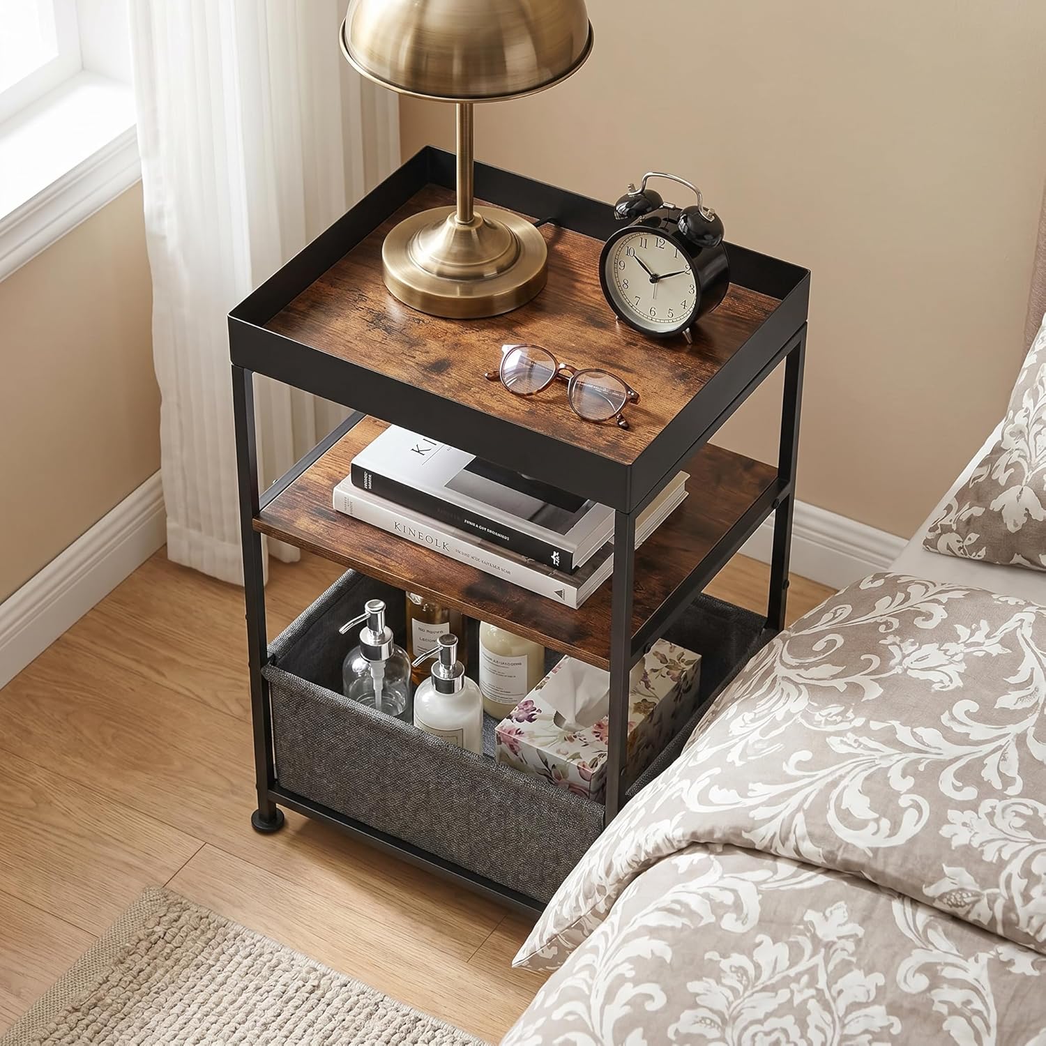 Industrial Narrow Side Table with Storage, 3 Tier End Table with Fabric Bin & Tray Top for Living Room, Narrow Nightstand Slim Bedside Table for Bedroom, Small Spaces, Rustic Brown