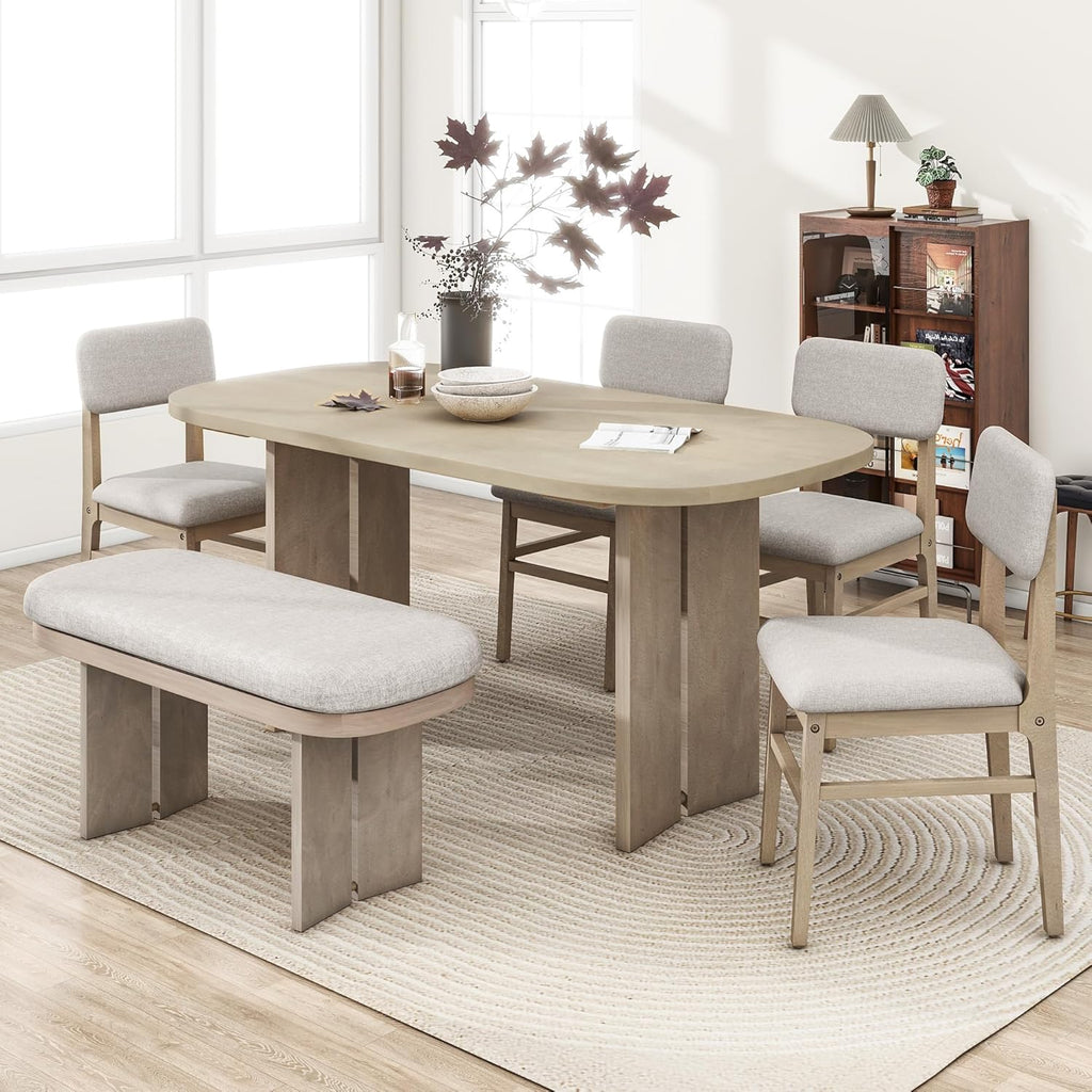 6 Pieces Wood Dining Table Set with Bench, Farmhouse Rectangular Table with 4 Upholstered Chairs & 1 Bench for Family Gatherings﻿ (Natural)