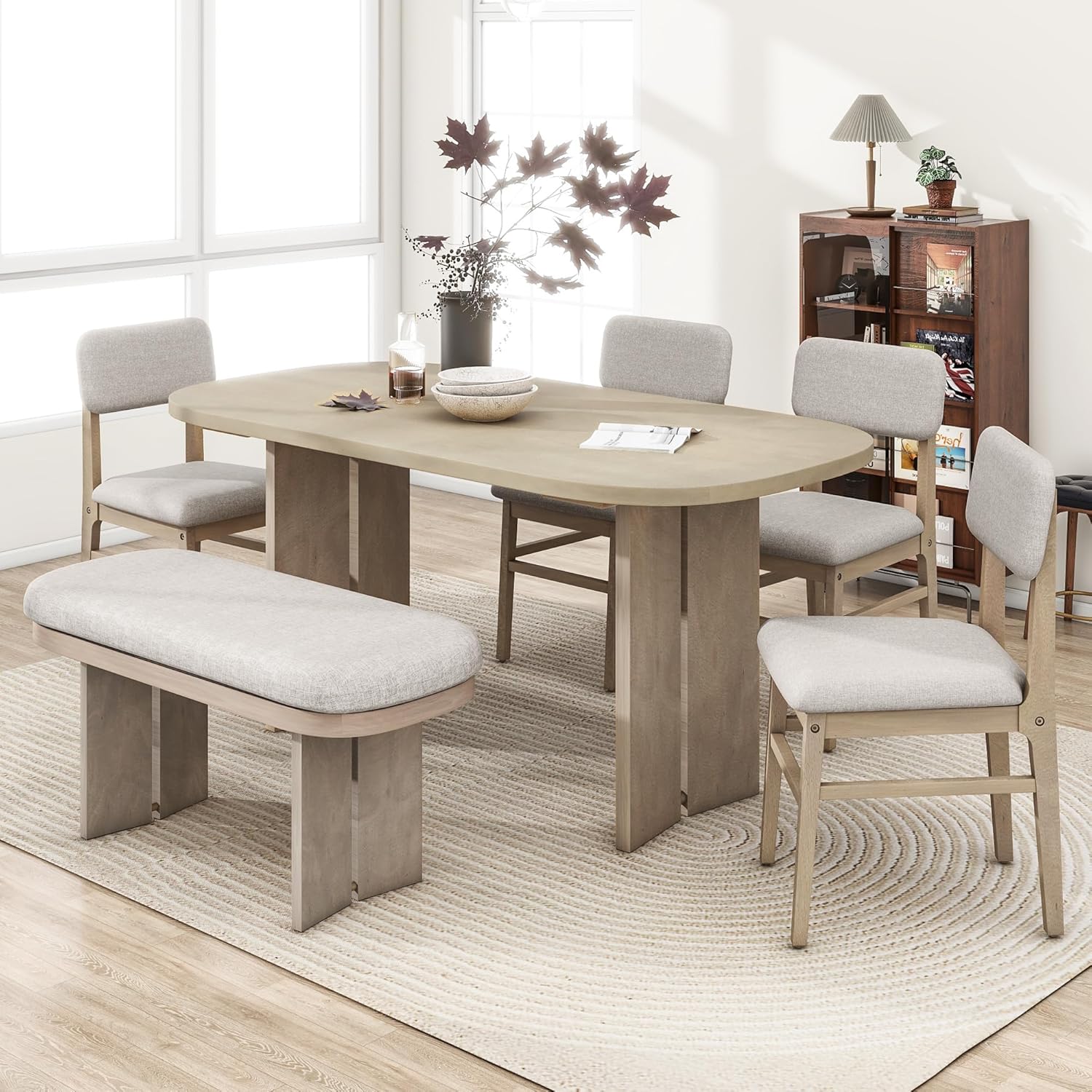 6 Pieces Wood Dining Table Set with Bench, Farmhouse Rectangular Table with 4 Upholstered Chairs & 1 Bench for Family Gatherings﻿ (Natural)