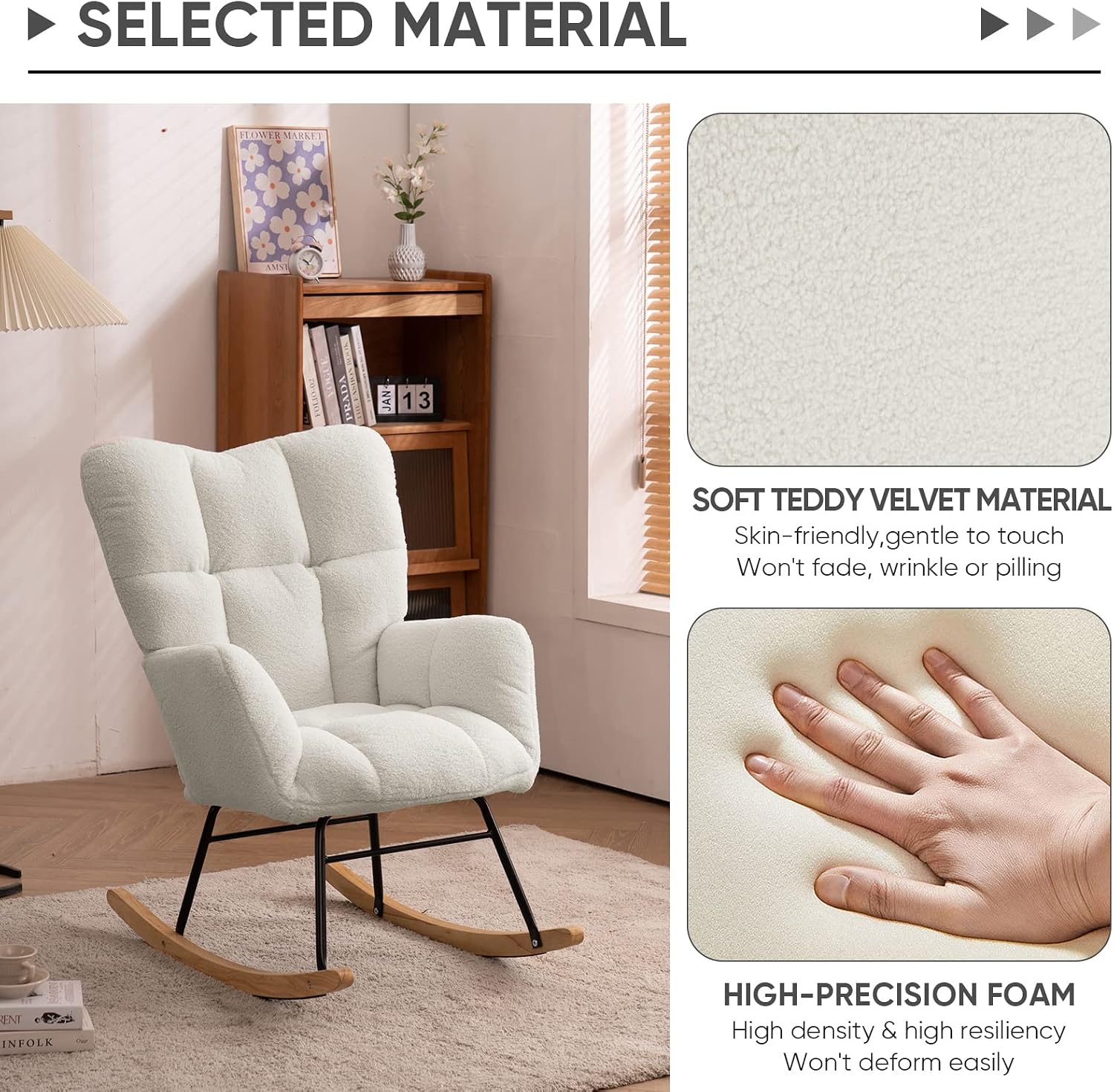Nursery Rocking Chair, Teddy Velvet Upholstered Glider Rocker Rocking Accent Chair with High Backrest, Mid Century Modern Armchair Comfy Side Chair for Living Room Bedroom Offices