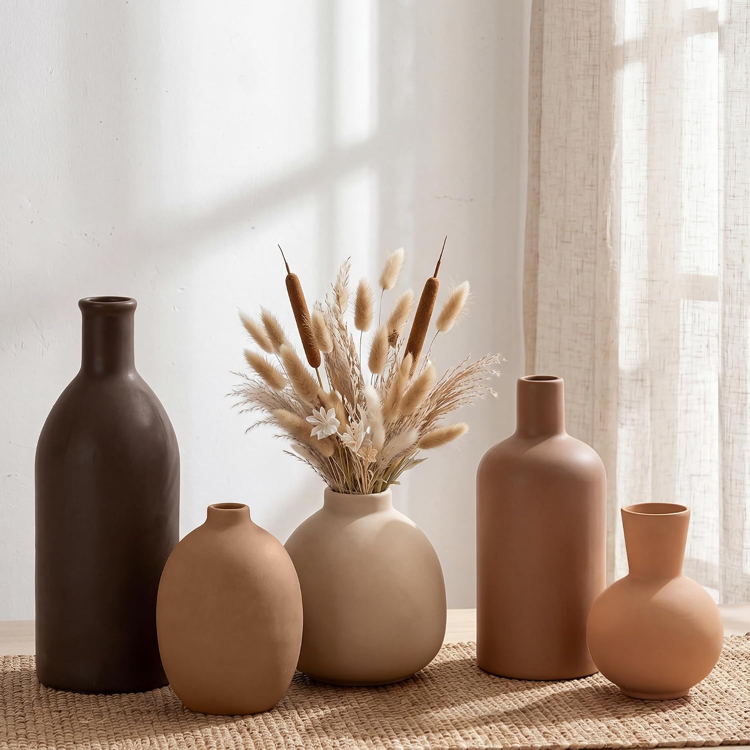 Small Ceramic Flower Vase Set, 5 Pack Modern Decorative Vases, Farmhouse Style Ornaments for Living Room, Kitchen, Bedroom, Party, Wedding