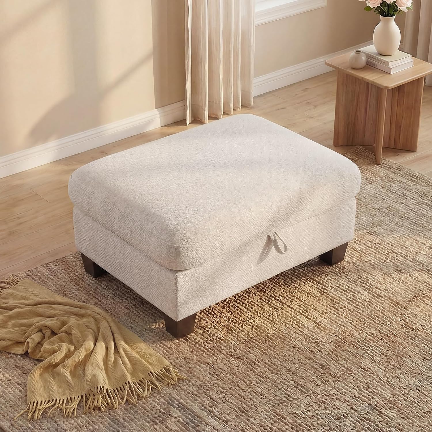 DOPEDIO 35" Folding Storage Ottoman Bench, Thick Padded Footstool with High Weight Capacity, Multi-Functional Chest for Living Room, Bedroom, Entryway (Beige)