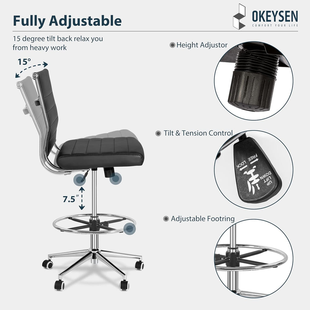 Okeysen Drafting Chair Armless Desk Stool, 400 LBS Ergonomic Leather Tall Office Chair with Adjustable Foot Ring, Modern Standing Desk Chair with Ribbed Mid Back, Swivel Rolling Drafting Stool.