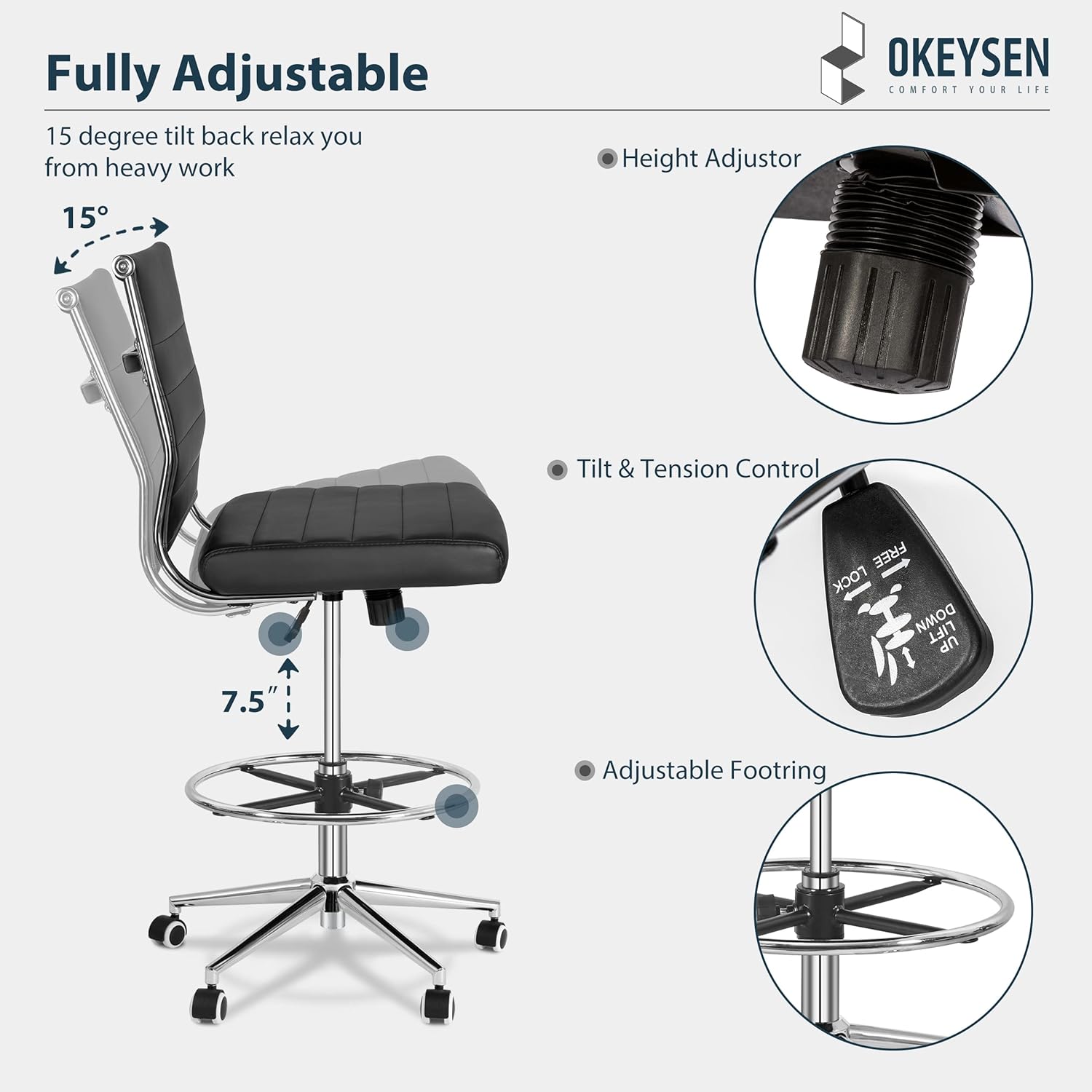 Okeysen Drafting Chair Armless Desk Stool, 400 LBS Ergonomic Leather Tall Office Chair with Adjustable Foot Ring, Modern Standing Desk Chair with Ribbed Mid Back, Swivel Rolling Drafting Stool.