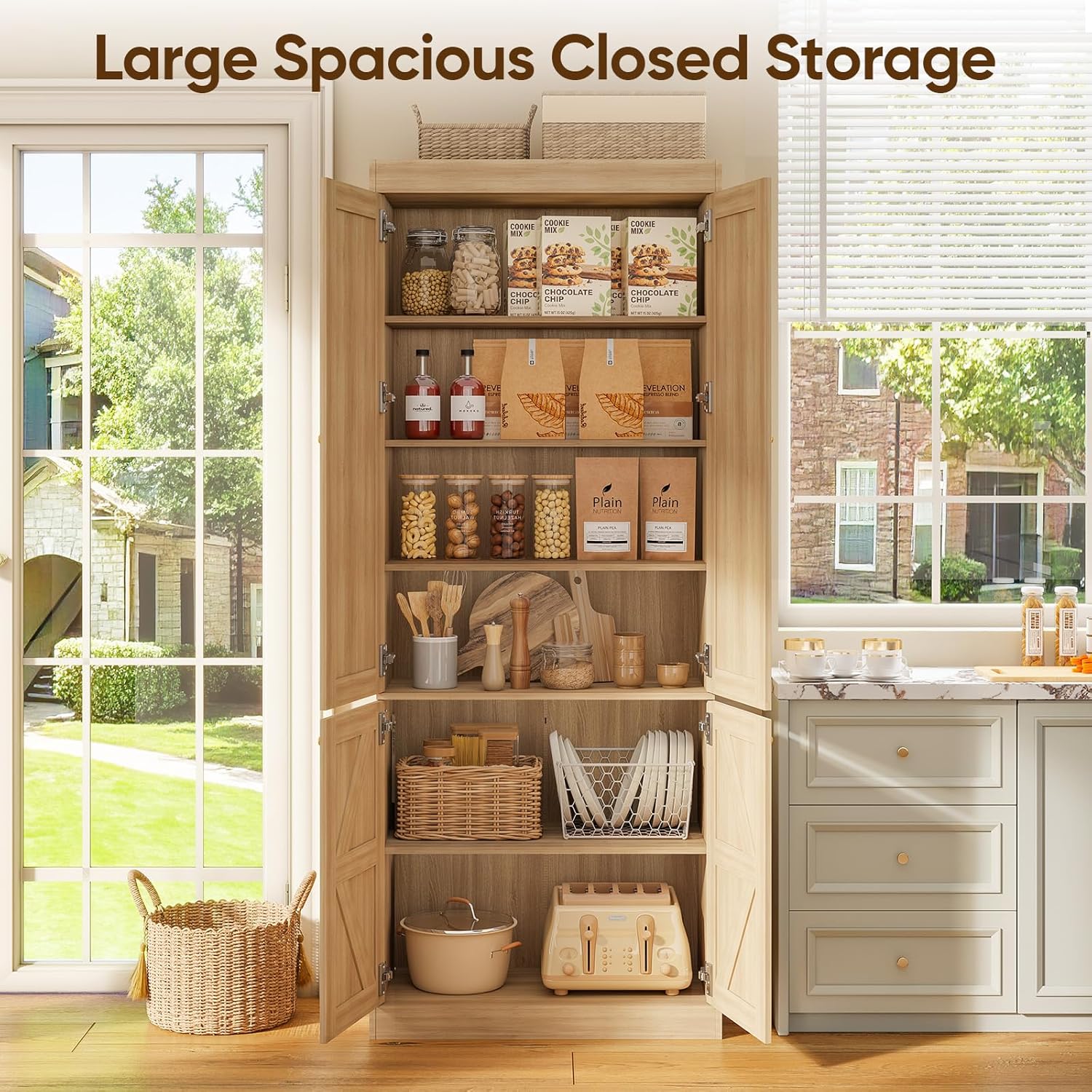 ivaniti 70.8" Tall Farmhouse Kitchen Pantry Cabinet with Glass Doors, Modular Storage Cabinet with 6-Tier Adjustable Shelves, Large Storage Cabinet for Kitchen or Living Room, Set of 3, Brown