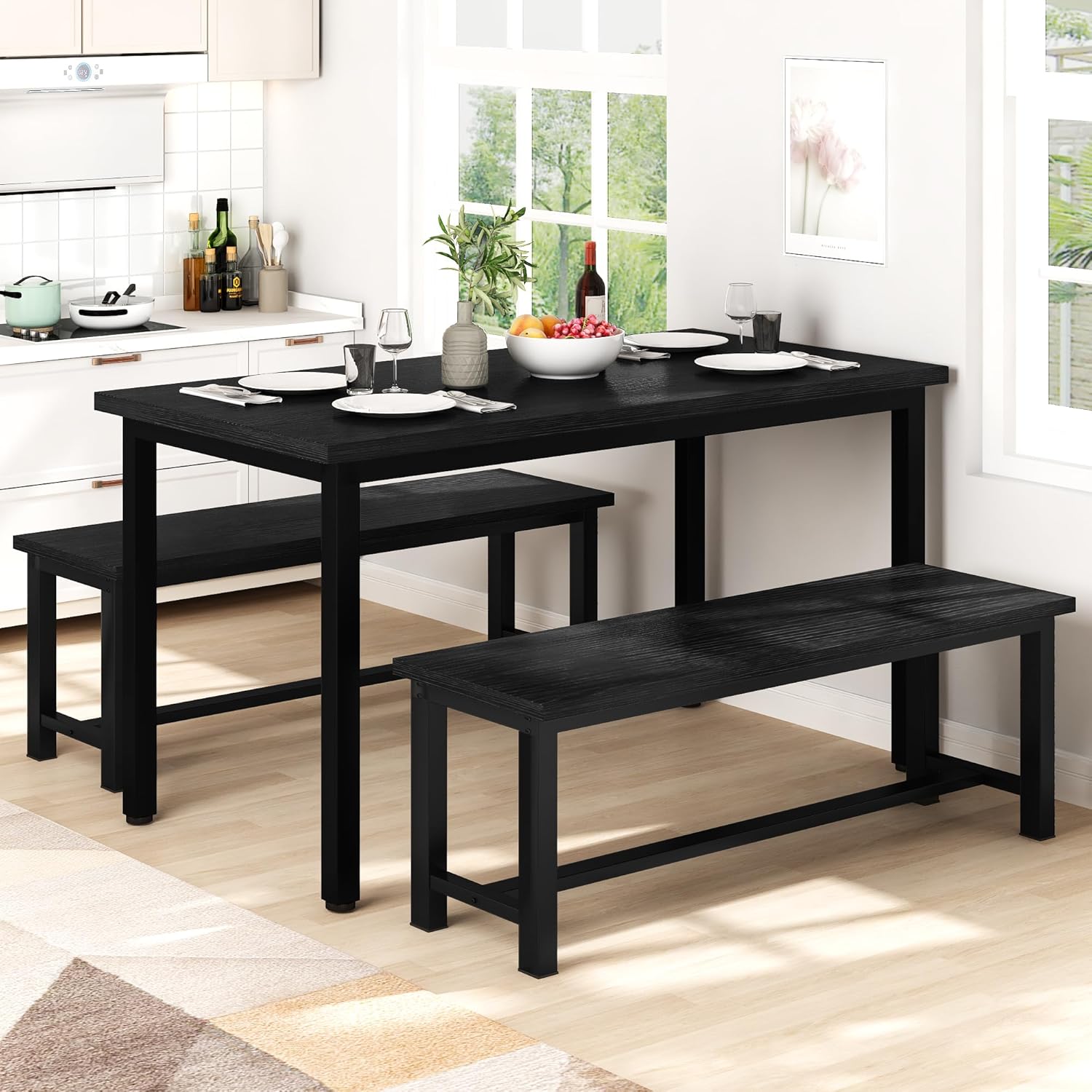 AWQM Table Bench, Pair of 2, Dining Bench, Thickened Steel Frame, Wood Bench, Industrial Style, for Kitchen and Dining Room, 12''Dx38.5''Wx17''H, Rustic Black