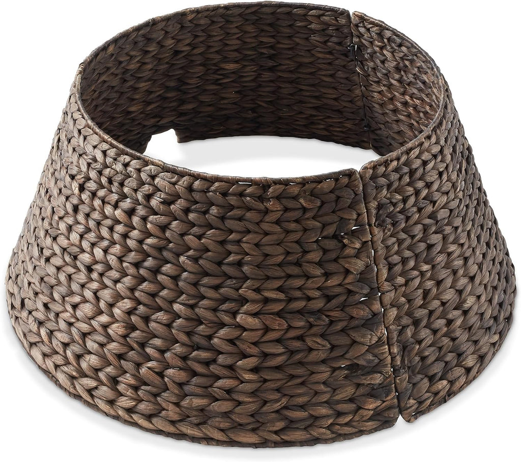 Casafield 24-Inch Christmas Tree Collar, Woven Water Hyacinth Tree Base Cover with Cord Cut Out, Espresso