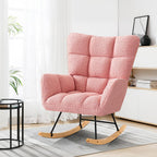 Furniliving Nursery Rocking Chair Upholstered Glider Rocking Chair Modern Accent Chair Padded Seat Reading Chair with High Backrest Comfy Chair for Living Room, Bedroom, Nursery, Pink, Teddy