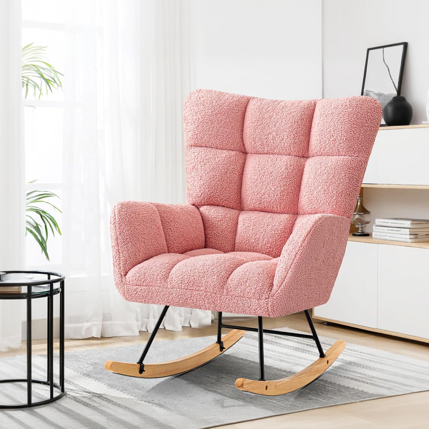 Furniliving Nursery Rocking Chair Upholstered Glider Rocking Chair Modern Accent Chair Padded Seat Reading Chair with High Backrest Comfy Chair for Living Room, Bedroom, Nursery, Pink, Teddy