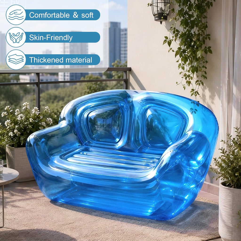 Double Seat Inflatable Couch Blow Up Couch for Camping, Outdoor Transparent Inflatable Sofa, Folding Portable Air Couches, Beach Blow Up Lounger Furniture for Adults Indoor Use for Movie Night Blue