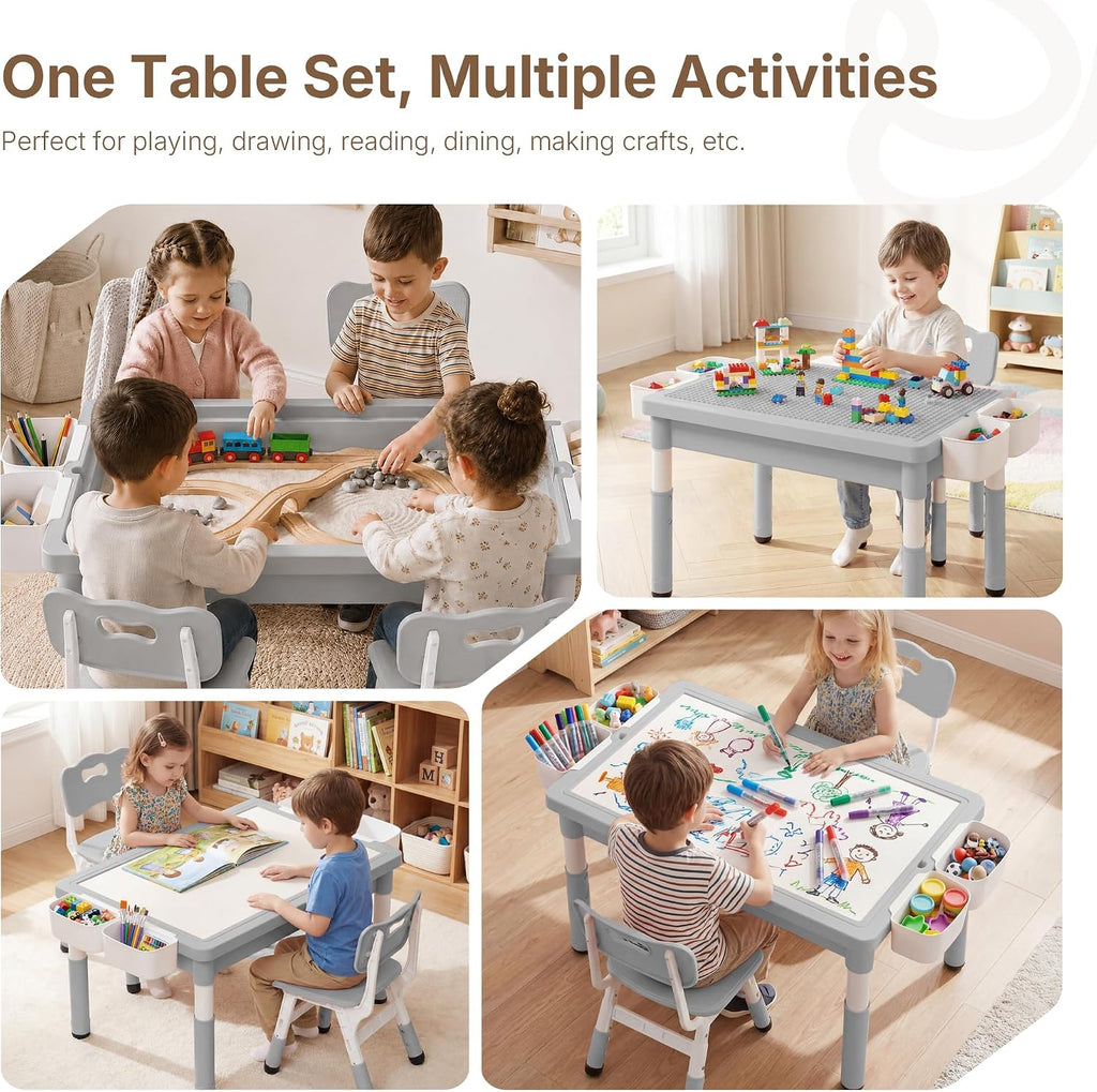 Kids Table and 4 Chairs, 4 in 1 Activity Table w/Reversible Graffiti/Block Building Tabletop, Adjustable Height, Toddler Table and Chair Set with Storage (Gray, 1 Table + 4 Chairs)