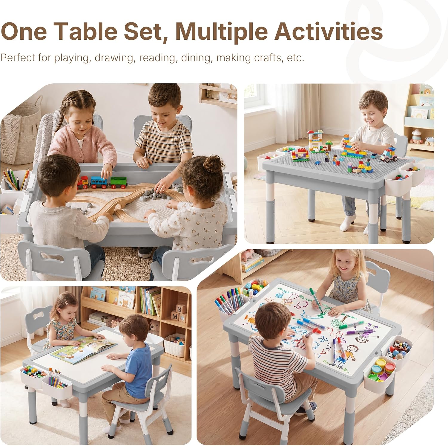 Kids Table and 4 Chairs, 4 in 1 Activity Table w/Reversible Graffiti/Block Building Tabletop, Adjustable Height, Toddler Table and Chair Set with Storage (Gray, 1 Table + 4 Chairs)