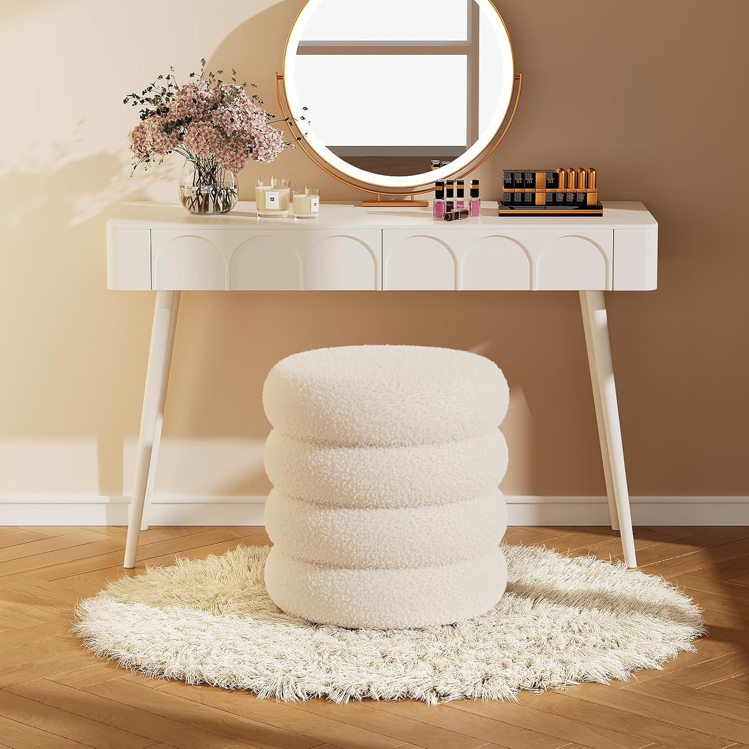 Soft Teddy Round Ottoman with Tray, 17.5 Inches Ottoman Coffee Table with Storage for Living Room, Vanity Stool with Storage Bedroom, Load up to 300 lb, No Assembly Required (White)