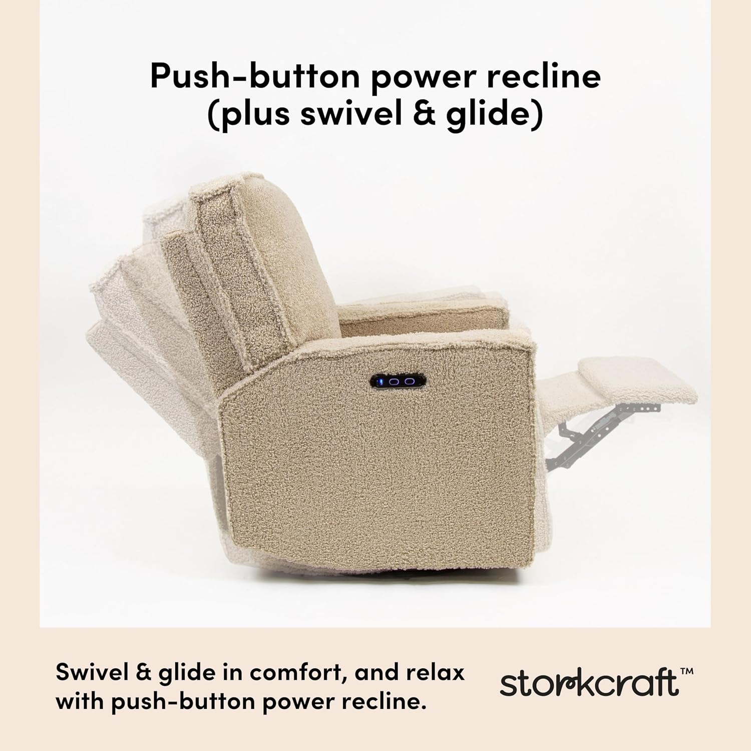 Storkcraft Texas Nursery Power Recliner Swivel Glider – Oeko-TEX 100 Certified, Nursery Rocking Chair with Push-Button Electronic Recline Function, USB-A and USB-C Charging Ports (Vanilla Sherpa)