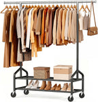 Heavy Duty Clothes Rack, Rolling Clothing Rack Load 650 LBS for Hanging Clothes with 2 Sturdy Shelves, Metal Garment Rack with Wheels for Bedroom, Retail Store, Silver-Black, Large