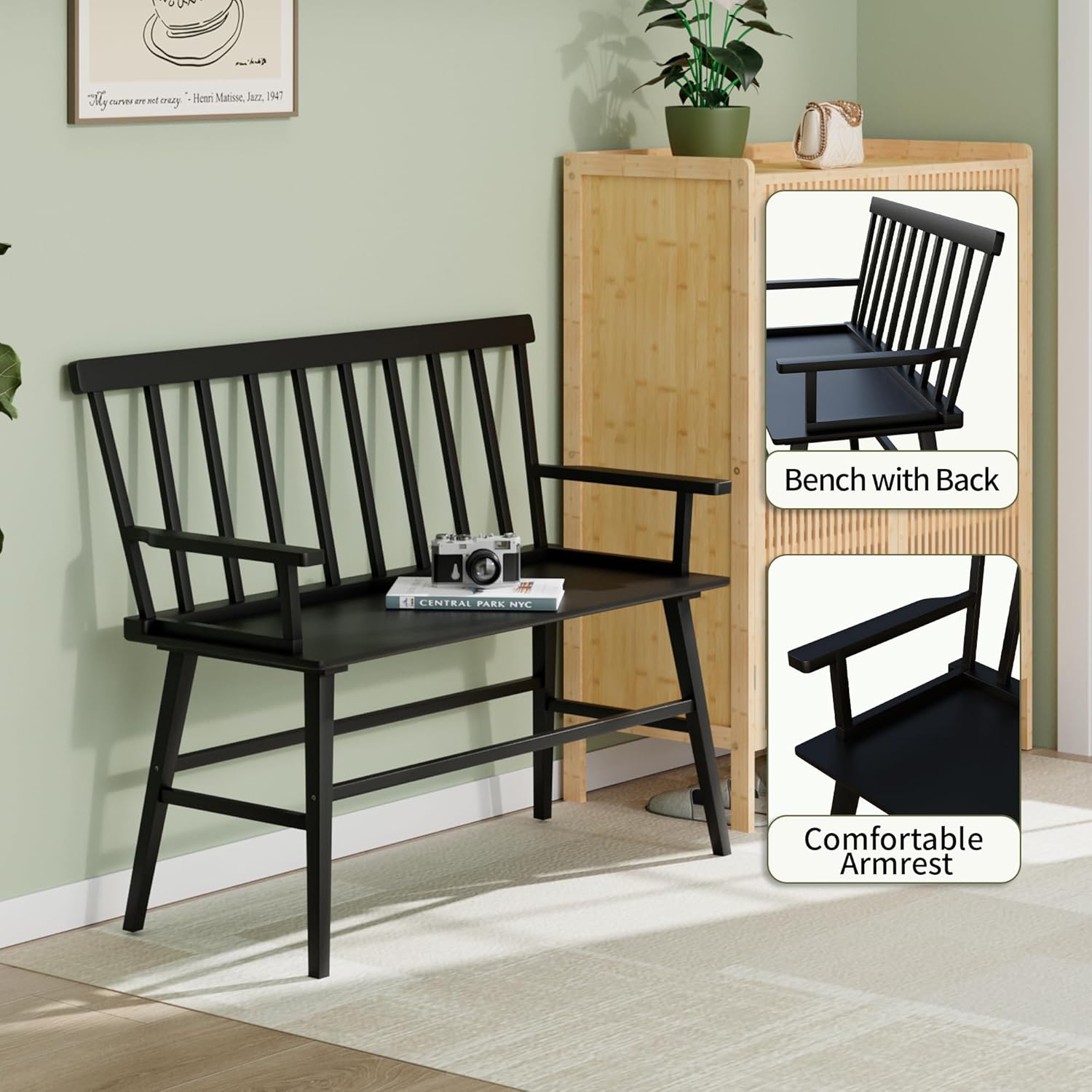 Wisuce Bamboo Dining Bench, Entryway Bench with Spindle Back (Black) | Bamboo & H-Shaped Support, Ergonomic Tilted Spindle Back, Multi-Scene Use, Easy Assembly & Maintenance
