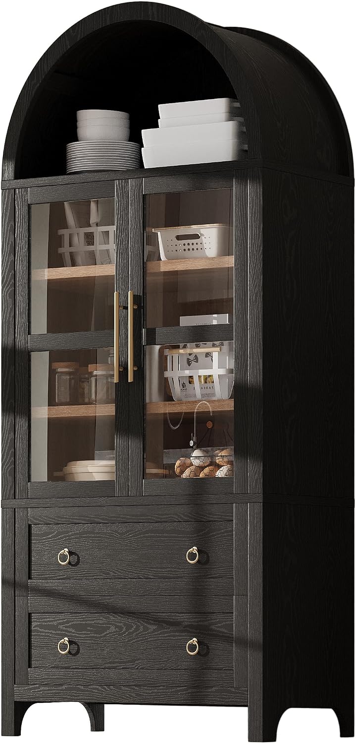 Modern Tall Arched Kitchen Pantry Cabinet with 2 Drawers, Wood Storage Cabinet Cupboard with Adjustable Shelves and Glass Door for Kitchens, Dining Room (Black)
