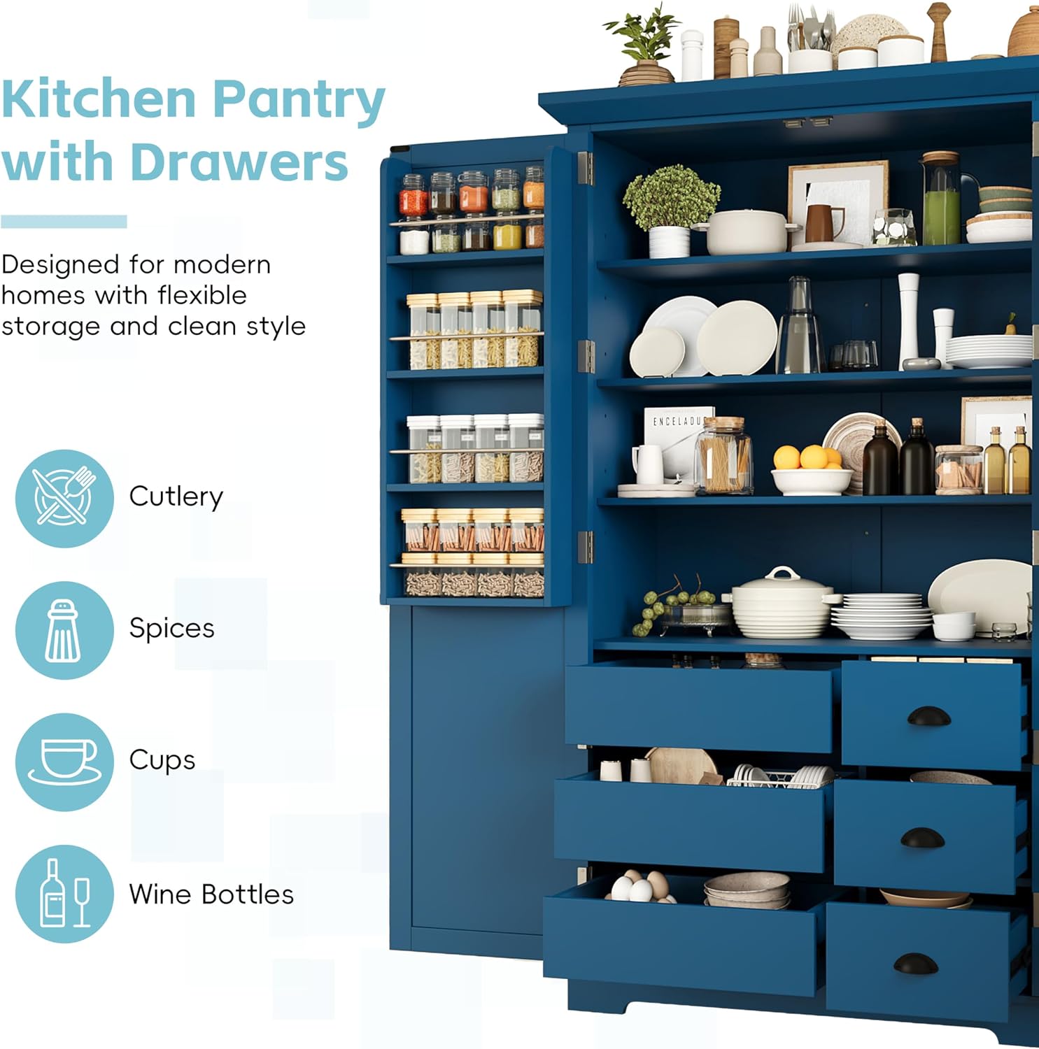 Merax 72" Tall Shaker Style Kitchen Pantry with 3 Drawers, Adjustable Shelves, Wood Cupboard Dining Storage Cabinet with Door Shelves and Pull-Out Trays for Living Room, Kitchen, Dining Room Blue
