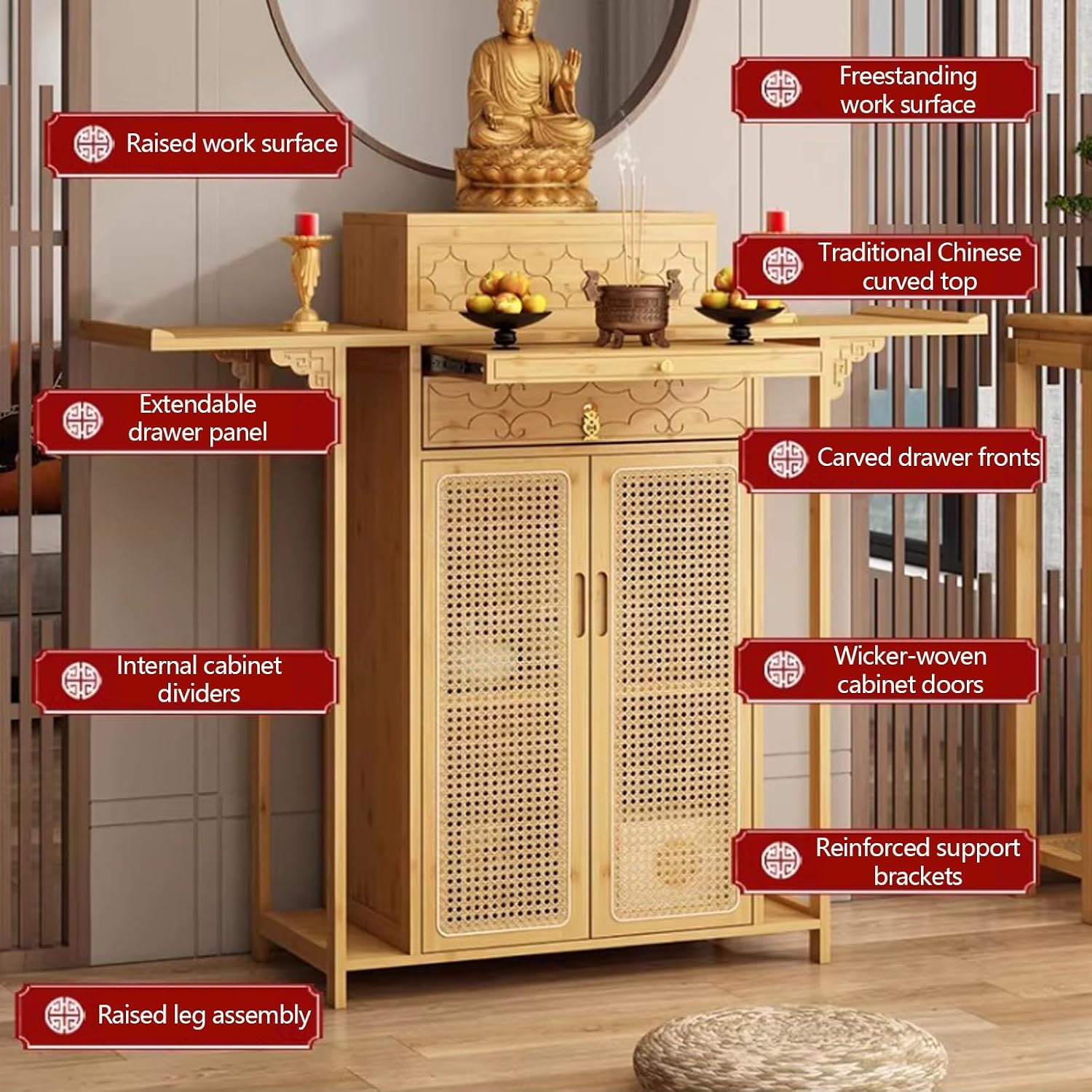 Chinese Shrine Altar Table with Storage, Bamboo Buddha Buddhist Altar Cabinet, Offering Meditation Table with Plastic Rattan Door, for Living Room, Temples(Black,100cm/39.3in)