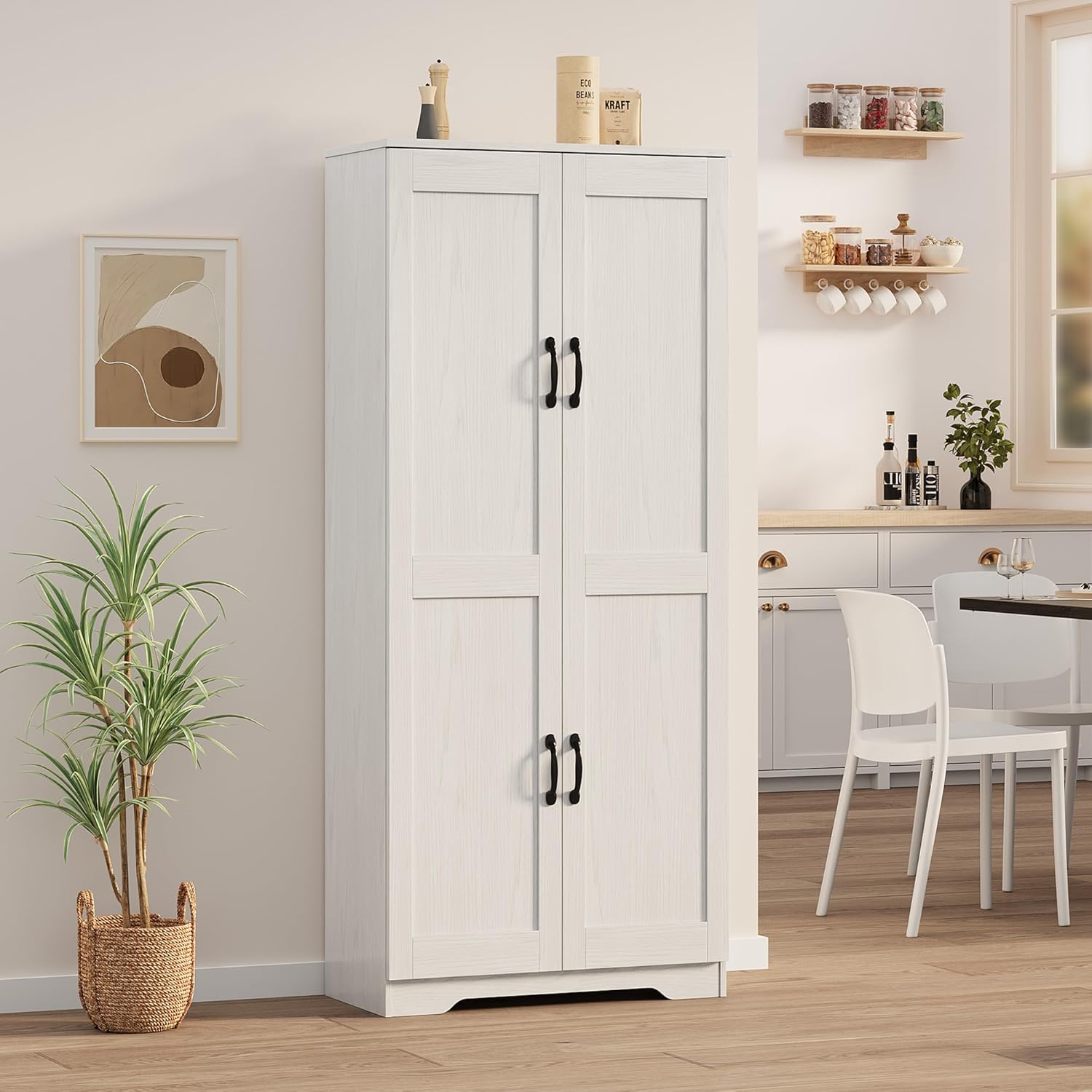 Garvee Tall Pantry Cabinet, 60" Kitchen Storage Cabinet with 2 Doors & Adjustable Shelves, Freestanding Wooden Cupboard for Bathroom，Dining Room, Living Room,White