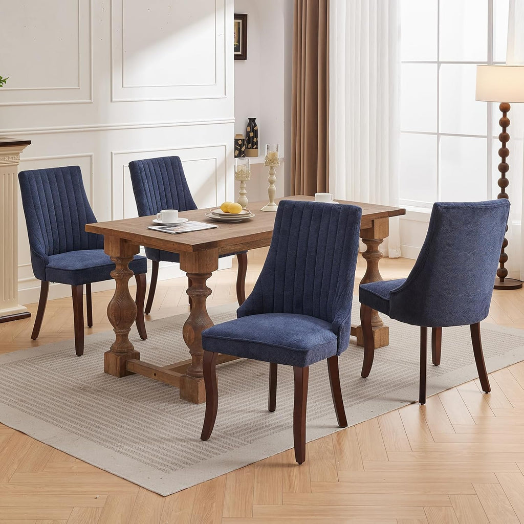 ODUSE-DAILY Navy Mid Century Dining Chairs Set of 4, Modern Kitchen & Dining Room Chairs Set of 4, Linen Upholstered Kitchen Chair, Sillas de Comedor, Wood Legs (Blue, 4 Pcs)