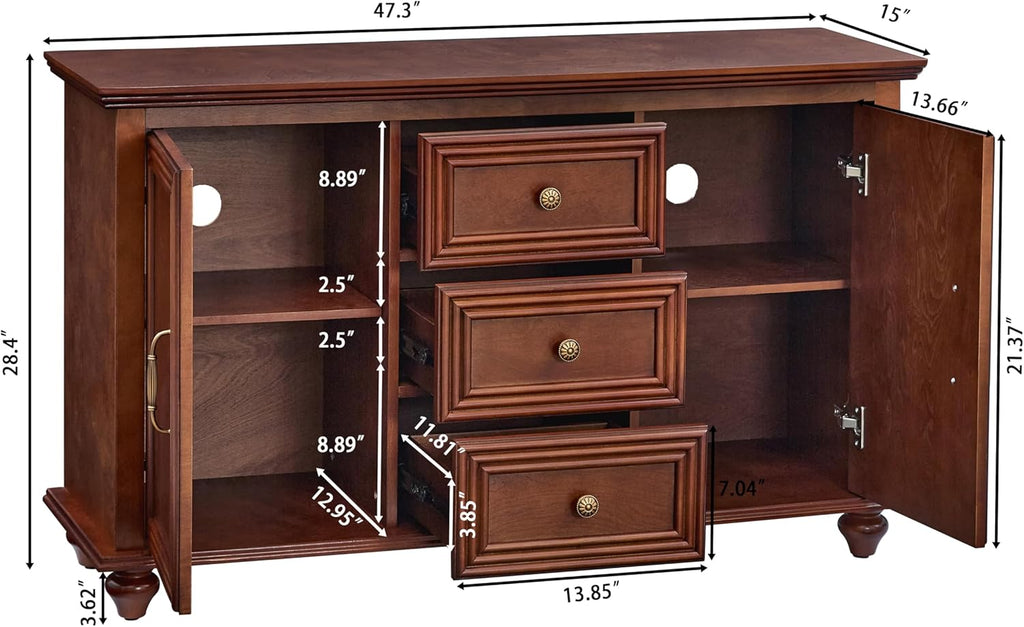LKTART 47" Wood Sideboard Buffet Cabinet with Storage,Traditional Media Console with 2 Doors & 3 Drawers,Adjustable Shelves Credenza with Solid Wood Legs for Kitchen,Living Room,Walnut