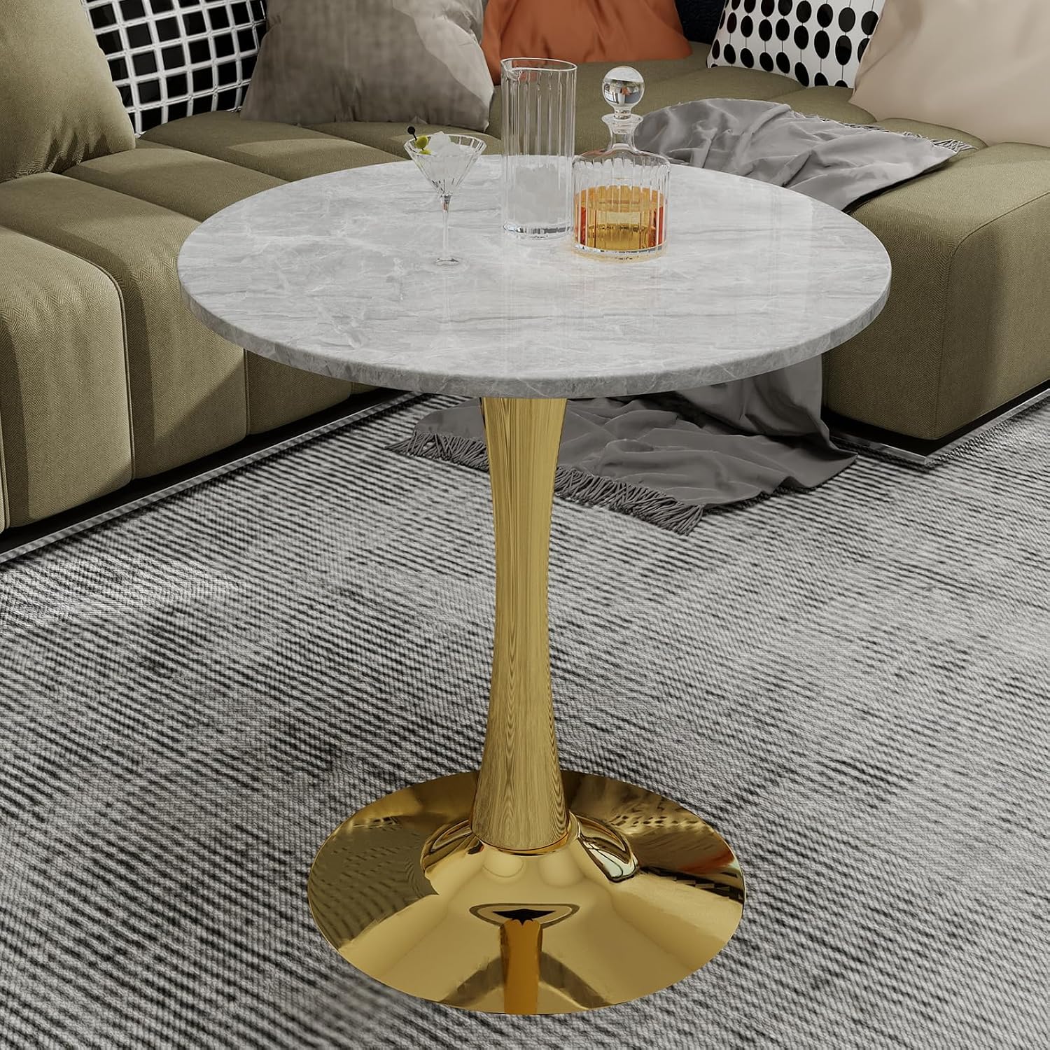 JOSHEN 28" Marble-Effect Bedside Table, Small Sofa Side Tables with Stable Pedestal, Small Sofa Couch Table with Smooth Surface for Living Room, Golden