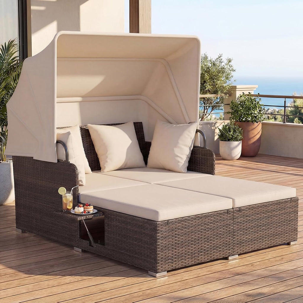 HAPPYGRILL Outdoor Wicker Lounge Daybed, Hand-Woven PE RattanDaybed, Patio Loveseat Sofa Set with Retractable Canopy & Side Table, Outdoor Sun Lounger with Soft Cushion