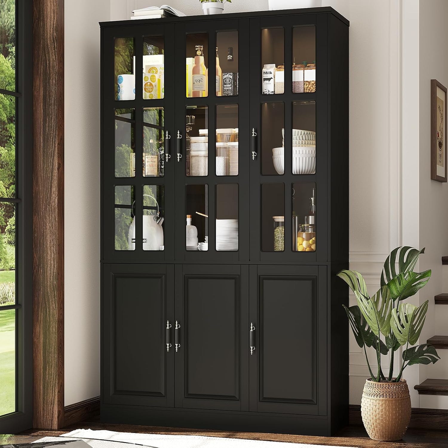 MEISSALIVVE 78.7" Kitchen Pantry Storage Cabinet with LED Lights, Tall Pantry Cabinet with Glass Doors, Kitchen Hutch Utility Pantry, Black (47.2" W x 15.7" D)