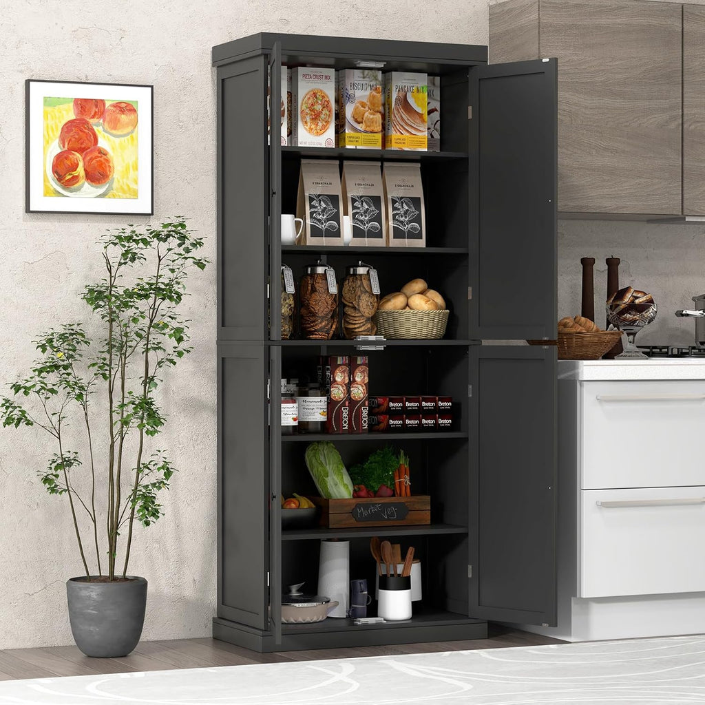 Giantex 4 Door Kitchen Pantry, 72.5” Tall Buffet Cabinet, Freestanding Modern Storage Cabinet Organizer w/ 6-Tier Shelves, 2 Adjustable Shelves, Floor Cupboard for Dining Room, Living Room (Black)